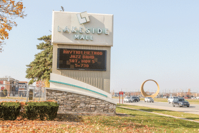  Lakeside Mall is visible from the entrance off  Hall Road. Although the mall is currently scheduled for demolition in 2024 or 2025, planners of an upcoming Lakeside Town Center say that JCPenney and  Macy’s are expected to keep a presence there. 