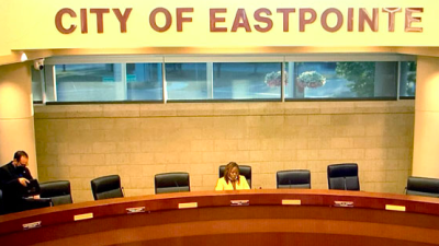  Eastpointe Mayor Monique Owens remains at the council table after other City Council members walked out of the meeting Tuesday, Sept. 6, in this image taken from the meeting’s recording on YouTube. City Councilman Cardi DeMonaco Jr. is getting ready to leave at the left. 