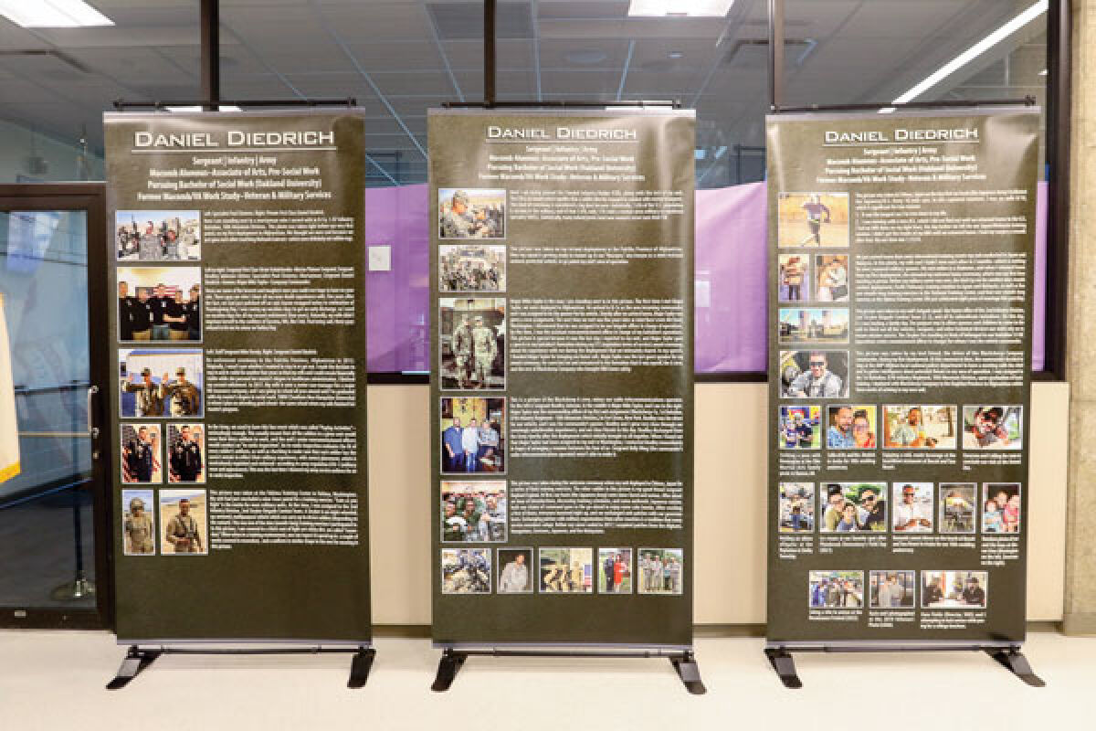  The banners filled with personal photos of veterans who are students and alumni of Macomb Community College will be displayed at the South Campus in Warren and the Center Campus in Clinton Township throughout November. 