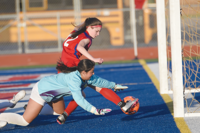  Warren Cousino sophomore Ashley Conroy sneaks one past the Sterling Heights goalkeeper. 