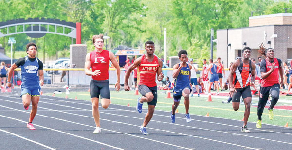  Fraser junior Jeremiah Williams competes in the 100-meter prelim at the Michigan High School Athletic Association regional meet on May 17 at Romeo High School. 