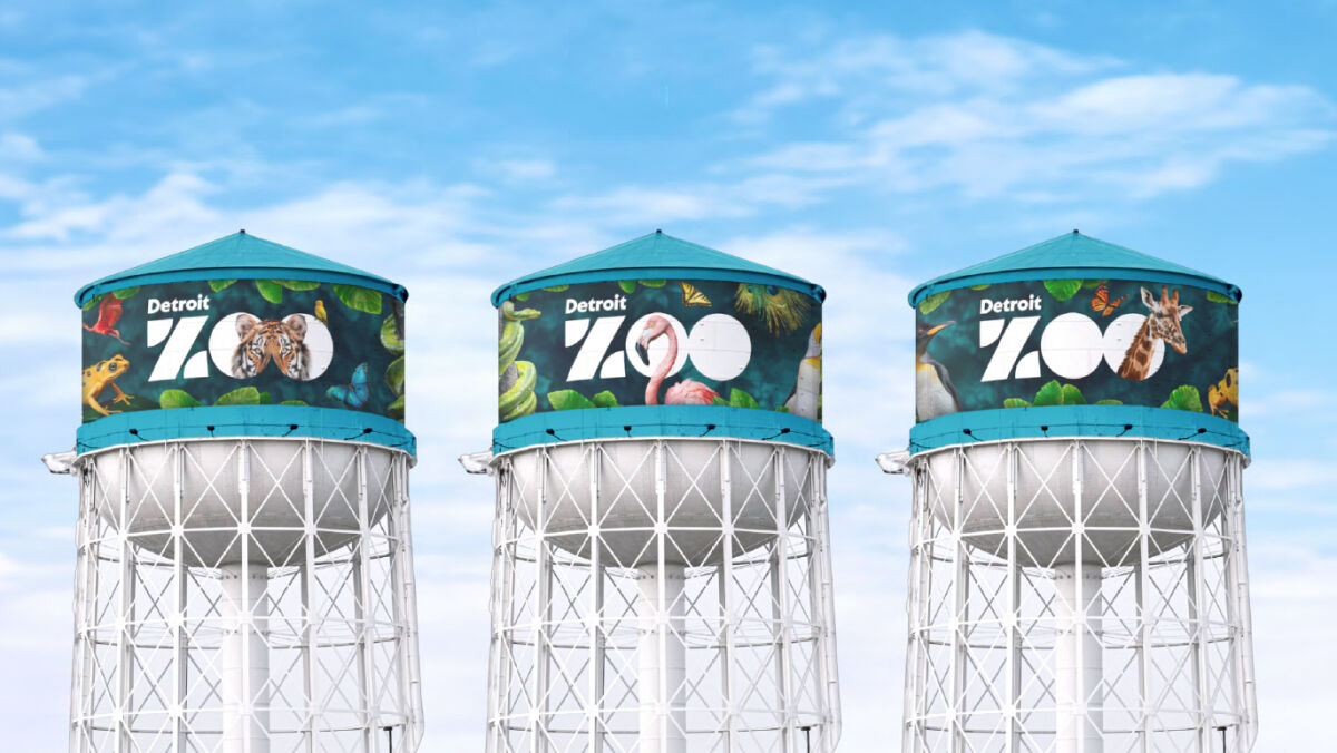  The Detroit Zoological Society’s new water tower design debuted on the morning of May 21. The vinyl wrap features animals that call the zoo home.  