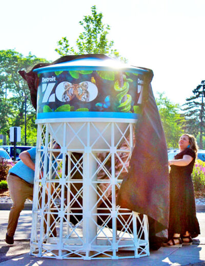  The Detroit Zoo’s new water tower design was unveiled on a miniature replica of the water tower May 21. 