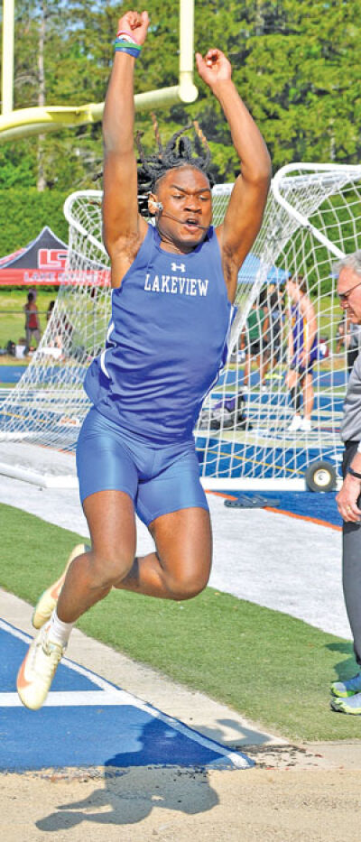  St. Clair Shores Lakeview senior Corion Lattimore competes in the long jump at the Michigan High School Athletic Association Division 1 Region 7 championship on May 16 at Grosse Pointe South High School. 