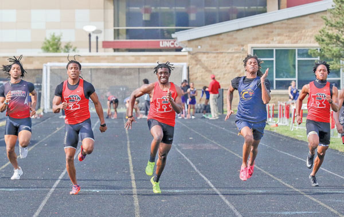  Roseville’s Herman Searcy, Terrence Bowers and Ayres Hollins compete in the 100-meter at the Macomb Area Conference Silver Division Meet on May 14 at Warren Lincoln High School. 