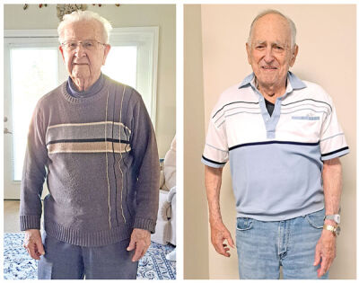  Don Wilson, left, and Ben Smith pose for photos at Rose Senior Living in Novi May 30. 