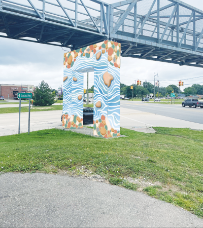  This rendering shows the proposed mural Tatum Lorway is set to make on the support columns of the 16 Mile Road and Groesbeck Highway pedestrian bridge. 