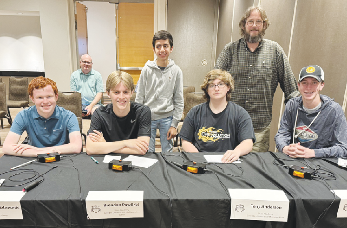  The Gene L. Klida Utica Academy for International Studies quiz bowl team consisted of Tony Anderson, Benjamin Edmunds, Yousif Hadoo, Colin Mondoux, and Brendan Pawlicki. The team was coached by Zach Crossen and William Dobbie. 