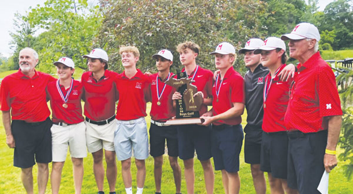  Orchard Lake St Mary’s boys golf celebrates its first state championship in school history June 8 at Forest Akers West. Pictured, from the left, are Coach Joe Bacani, Blaise Krol, Mason Shea, Hudson Hitch, Ethan Mukhtar, Ben Carroll, Cooper Eaton, Anthony Jabero, Mikey Karwaski and coach Tom Brecht. 