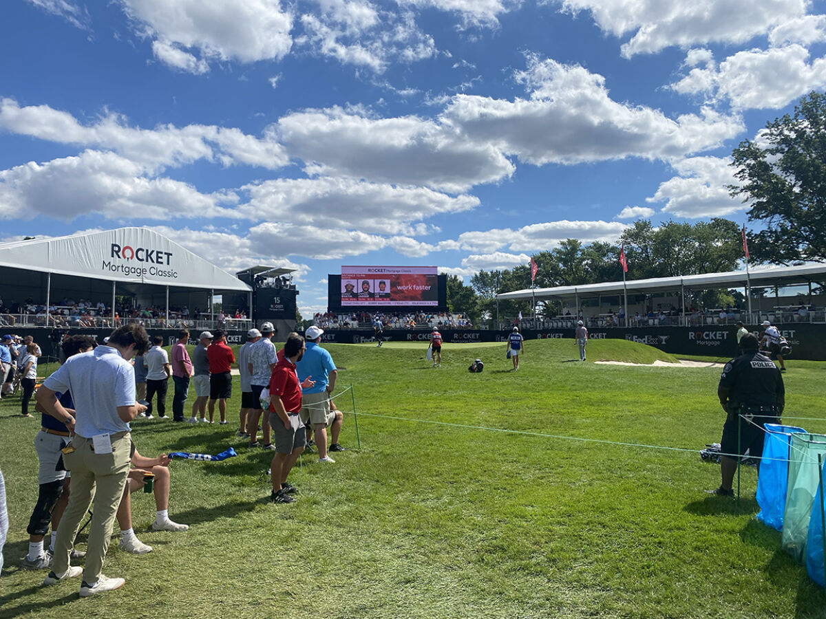  Rocket Mortgage Classic fans surround the 15th green on June 27 at Detroit Golf Club. 
