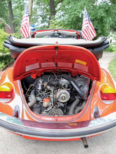  The 1978 Volkswagen Beetle’s engine is in the rear and the trunk is located at the front of the car.   