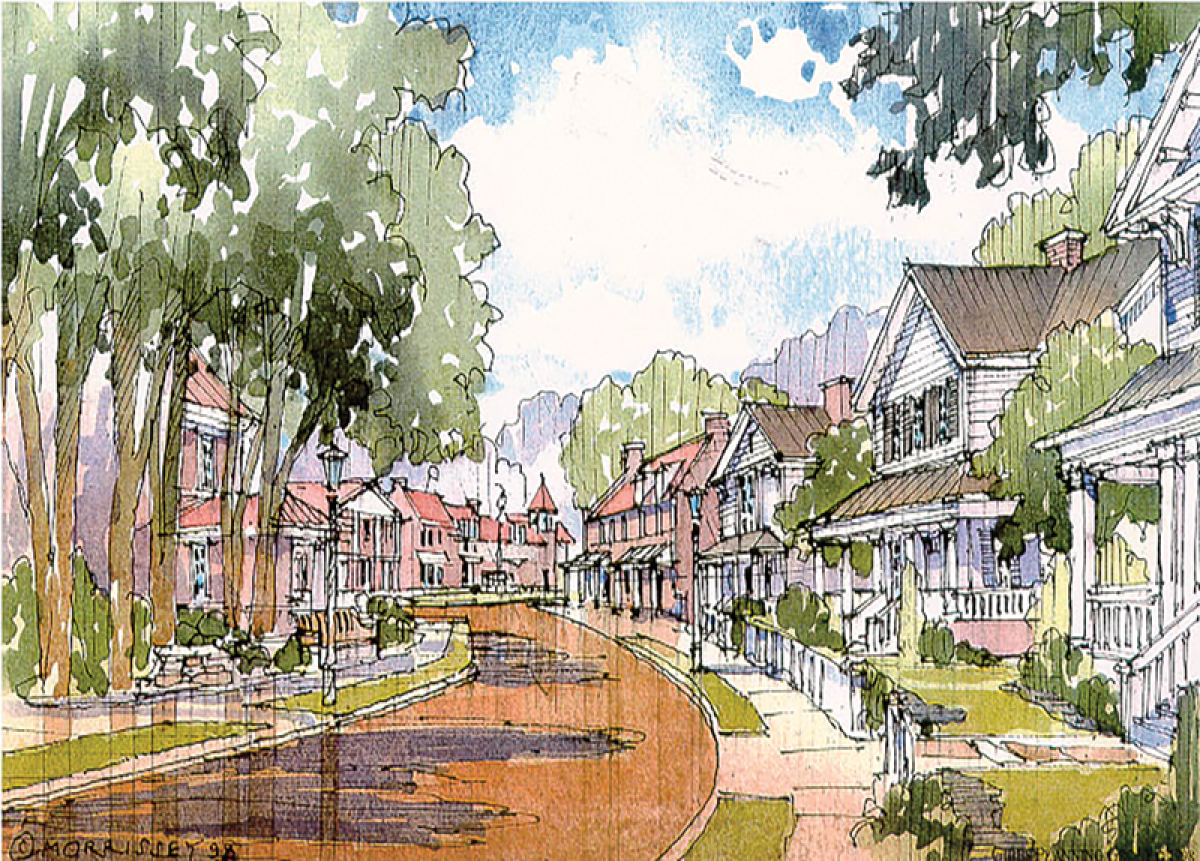  A rendering of a residential street in Macomb Township’s town center plan per the original 1990s proposal.  
