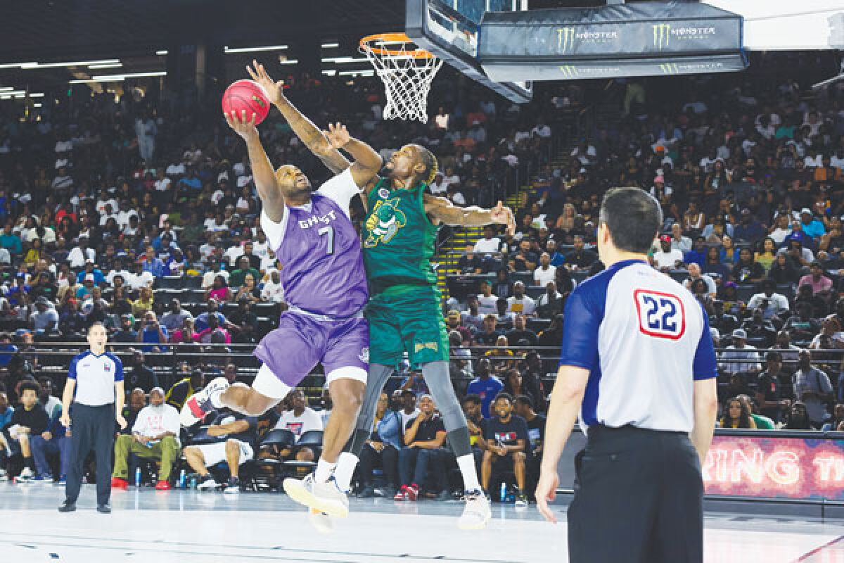  Ghost Ballers player Darnell Jackson goes up against Ball Hogs player Larry Sanders during a BIG3 matchup this year. 