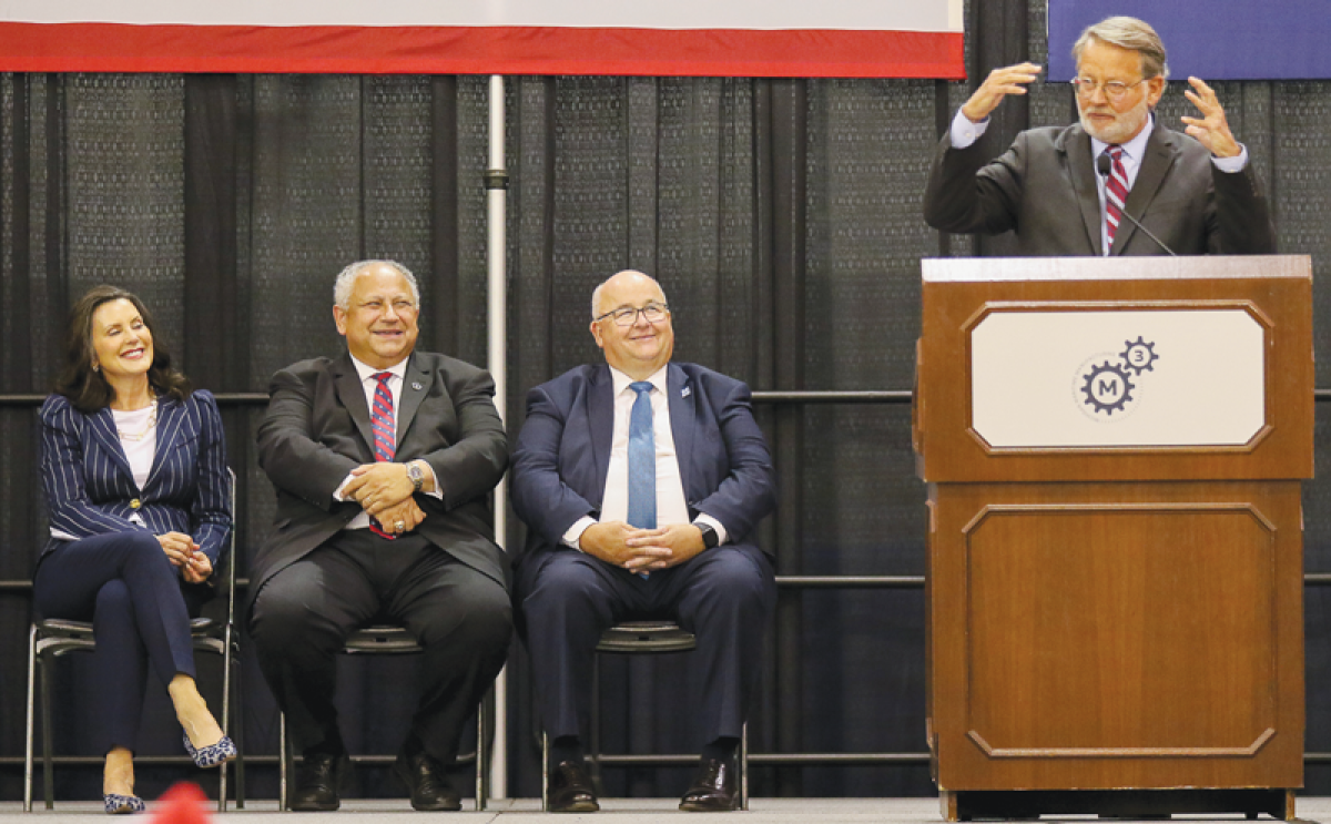  Gov. Gretchen Whitmer, Secretary of the U.S. Navy Carlos Del Toro, Macomb Community College President Jim Sawyer and U.S. Sen. Gary Peters, D-Michigan, are enthusiastic about the partnership with the Navy to build submarines.  