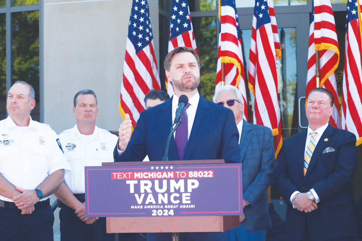  Ohio Sen. JD Vance, the Republican vice presidential nominee, promotes former President Donald Trump’s presidential campaign platform on crime, immigration and more while speaking outside the Shelby Township Police Department Aug. 7. 