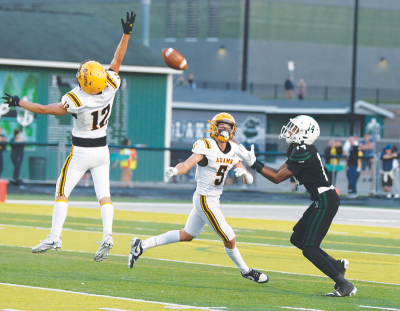  West Bloomfield senior wideout Elisha Durham attempts to make a grab with two defenders around him. 