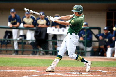  Wayne State outfielder Hunter DeLanoy, a graduate student, takes a swing in Wayne State’s 6-3 loss in the Midwest Regionals. 