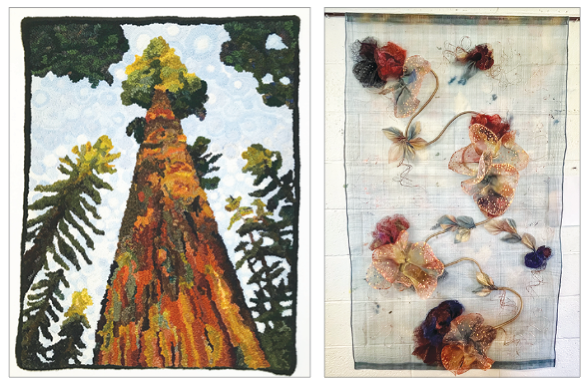  Nadine Cloutier’s “Redwood Tree,” far left, and Anne Flora “Les Fleurs du Mal,” right, exemplify the types of work to be showcased in the Michigan League of Handweavers 22nd Biennial Fiber Arts exhibition, held at the Anton Art Center from Sept. 7 through Oct. 16.  