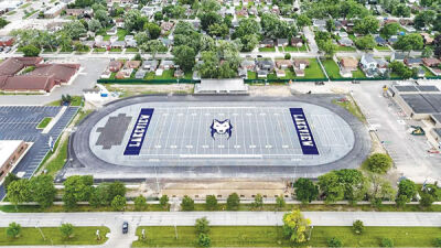  This photo taken with a drone shows a bird’s eye view of the full Lakeview High School stadium. 