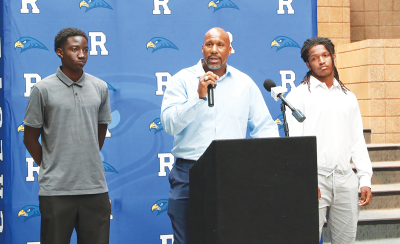  First-year Southfield A&T head coach Keith McKenzie speaks at the Oakland Activities Association media day on Aug. 9 at Rochester High School. 