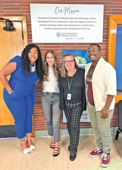  Eastpointe Community Schools held a New Teacher Academy Aug. 13-15 at the district’s Early Learning Center. The new teachers include Miya Clark, left; Jordyn Boggia, second from left; and Ontrice Ramsey II, right. One of the staff members to welcome them was district Executive Director of Human Resources Julie Alspach, second from right. 