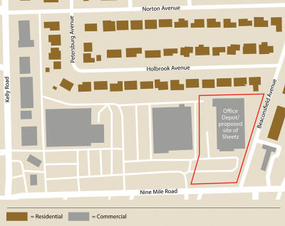  Many residents who live in the neighborhood near Nine Mile Road and Beaconsfield Avenue have expressed concern over the development of a Sheetz gas station and restaurant at the intersection of the two roads, where an Office Depot currently stands. 