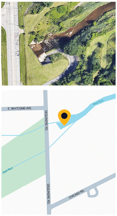  The Clinton Township Board of Trustees unanimously passed a resolution critiquing Oakland County for dumping partially treated sewage into the Clinton River. This aerial view, top, shows the Red Run Drain, which is located on Dequindre Road near the Chicago Road intersection, as seen in the map, bottom. 