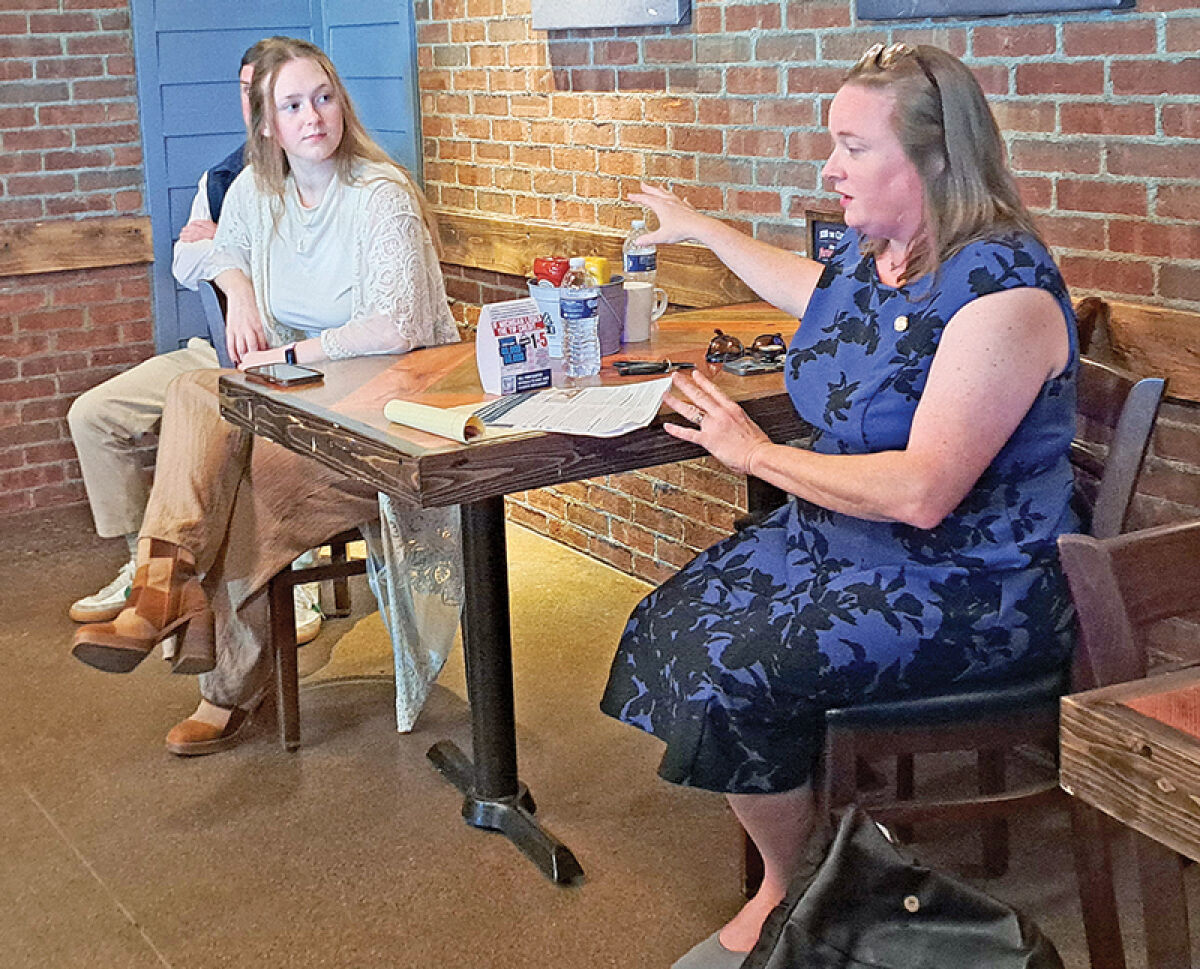  State Rep. Kelly Breen, D-Novi, talks to Olivia Bruzewski of SaveMITips.com and restaurant workers from different local establishments about the effects of the Michigan Supreme Court’s July 31 rulings on wages and sick time during a media roundtable event at Ford’s Garage in Novi Sept. 5. 