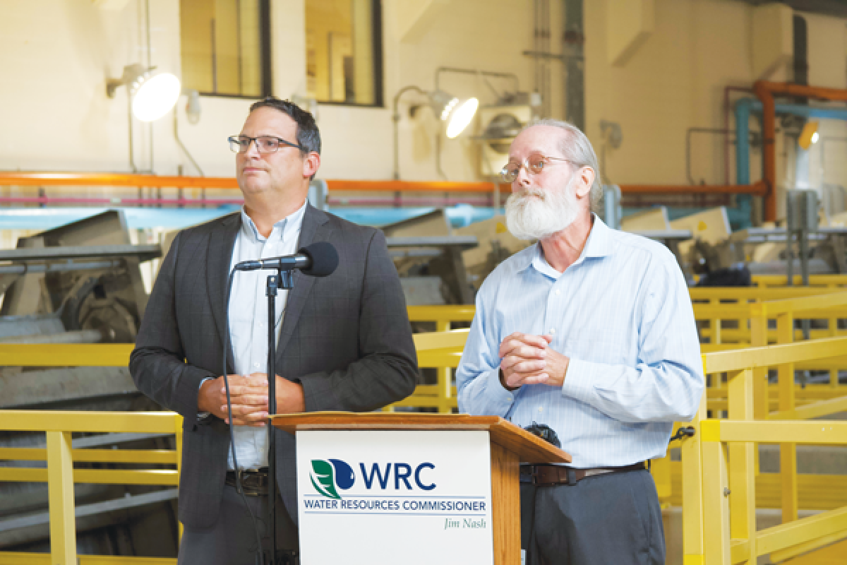  Oakland County Board of Commissioners Chair Board David Woodward, left, and Water Resources Commissioner Jim Nash address questions about the George W. Kuhn Retention Treatment Basin on Sept. 18. 