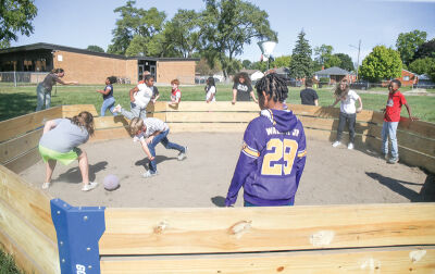  On Sept. 17, a group of Kaiser Elementary School students play the game gaga using the pit that  Roseville High School junior Lucas Sides made for his Eagle Scout project. 