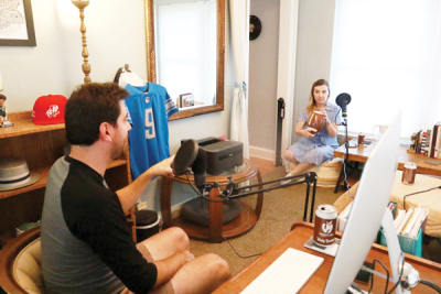  Sam Malott Brown and Brian Moore record a “Forming Function” podcast episode Sept. 17 on the design behind footballs.  