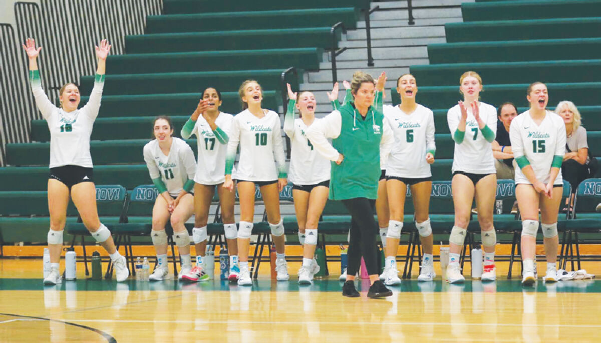  The Novi sideline cheers during a point against Livonia Stevenson Sept. 19 at Novi High School. 