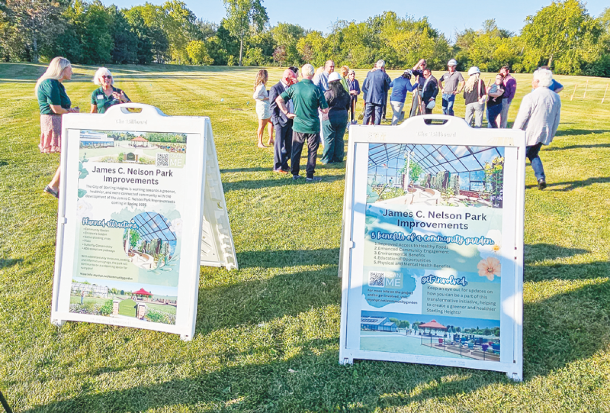  Standing signs showcase proposed improvements to James C. Nelson Park, including a community garden, during the city of Sterling Heights’ Sept. 17 groundbreaking ceremony.  