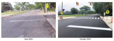  This image, taken from a PowerPoint presentation by engineers at Hubbell, Roth & Clark Inc., shows the difference between Chalfonte Avenue in front of Brownell Middle School before and after roadwork this summer. 