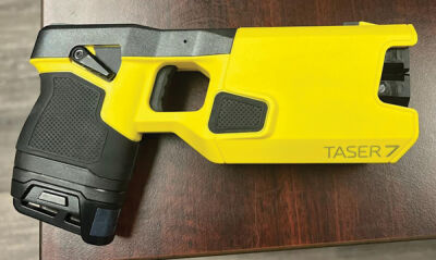  The new Taser 7 features dual cartridges that afford officers with the Eastpointe Police Department a second shot. The device also allows them to display a warning arc. Tasers are meant to safely incapacitate uncooperative subjects with a shock that lasts five seconds. 