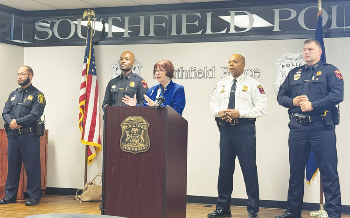  Anti-Defamation League Regional Director Carolyn Normandin speaks at the Oct. 7 press conference in Southfield. 