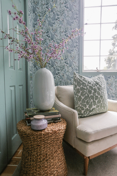  A detail of “The Secret Garden” bedroom designed by Paige Loperfido shows the room’s use of soft, natural colors. 