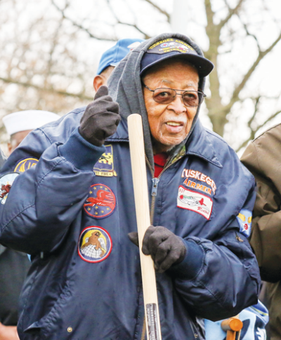  World War II veteran and Tuskegee Airman Alexander Jefferson, of Detroit, gives a thumbs-up during the Michigan World War II Legacy Memorial groundbreaking at Royal Oak’s Memorial Park on April 7, 2022. Jefferson will be honored as the namesake of the Lieutenant Colonel Alexander Jefferson Post Office at 155 Main Street in Mount Clemens. 