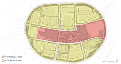  This conceptual map shows the breakdown between the Lakeside City Center’s residentially focused areas, in yellow, and commercial focused areas, in red.  