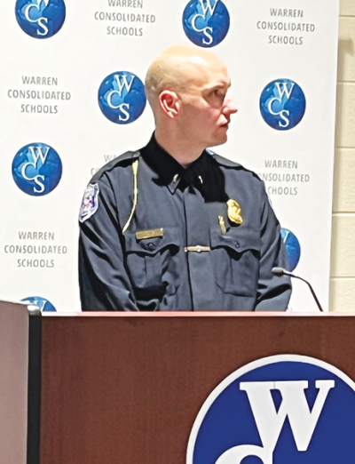  During the Warren Consolidated Schools Board of Education meeting Oct. 16, Warren Police Lt. John Gajewski discusses various police procedures taken during school-related threats.  