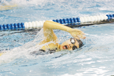  Warren Mott senior Emily Kim competes in the 200-yard freestyle in a meet against Romeo and Harrison Township L’Anse Creuse High School Oct. 22 at L’Anse Creuse High School.  