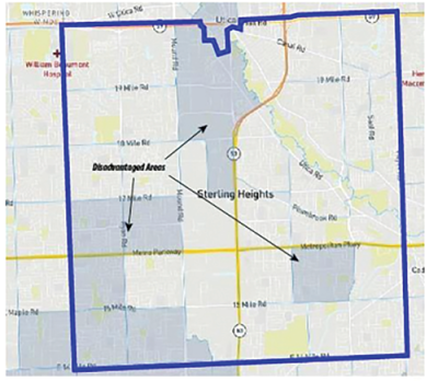  According to city officials, this map shows “disadvantaged” areas in Sterling Heights that the city says are eligible for tree plantings funded under an American Forests grant. 