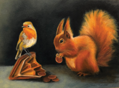  While not in the book, artist Jackie Rybinski’s oil painting, “Lost and Pilfered,” is part of the “Squirrel Shenanigans” exhibition. 