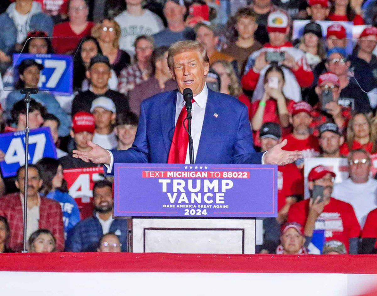  Former President Donald Trump addresses supporters during an Oct. 26 campaign rally at the Suburban Collection Showplace in Novi. 