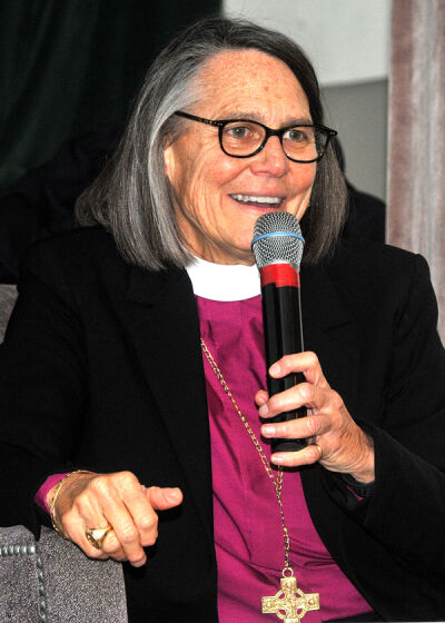  Bishop Bonnie A. Perry, Episcopal Diocese of Michigan, took on the persona of a late-night show host during St. Anne’s Mead 2024 Breakfast with the Bishop: Compelling Stories of a Great Generation Oct. 9. 