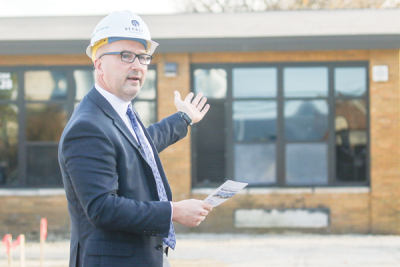  Berkley School District Superintendent Scott Francis gives remarks at the Pattengill Elementary School groundbreaking.  