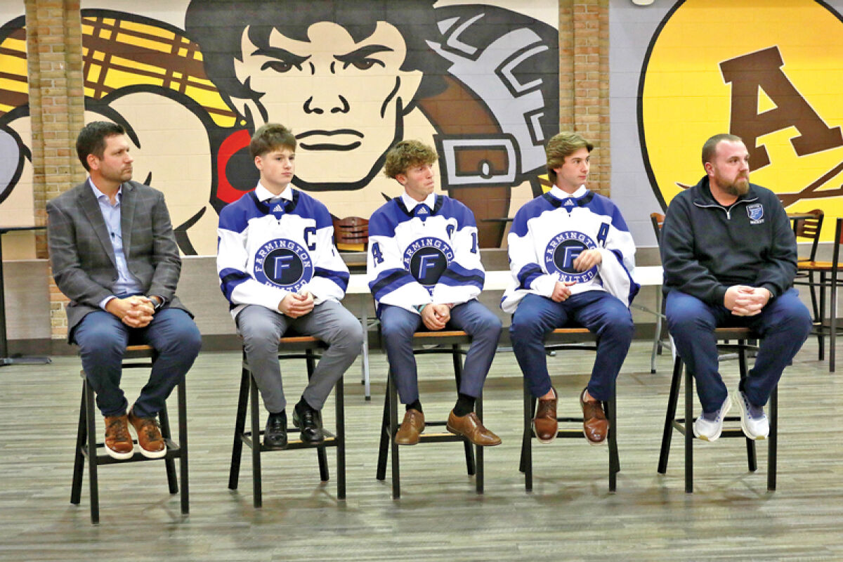  Farmington United talks about its upcoming season at the fourth annual Oakland Activities Association hockey media day Nov. 6 at Rochester Adams High School. 