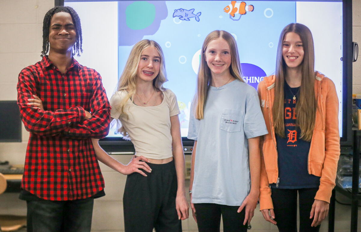  From left, Jefferson Middle School students Ethan Sypho, Addison Sails, Kayla Kolbicz and Kelsey McClelland will travel to Lansing for the Student Technology Showcase at the Capitol in December. 