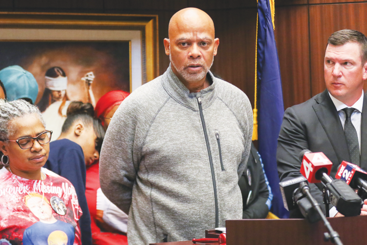  Cedric Hayden Sr. speaks about the loss of his son Cedric Hayden Jr. while surrounded by Hayden Jr.’s mother, Theresa Ford; his oldest daughter, Lynnira Hayden; and attorney James Harrington. 