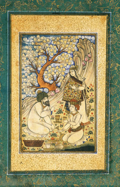  The watercolor, “An Old and a Young Man and a Woman Having a Picnic,” by Muhammad Ali of Iran, is from a manuscript of the “Diwan” of Hafiz  and dates to the mid 1600s. 